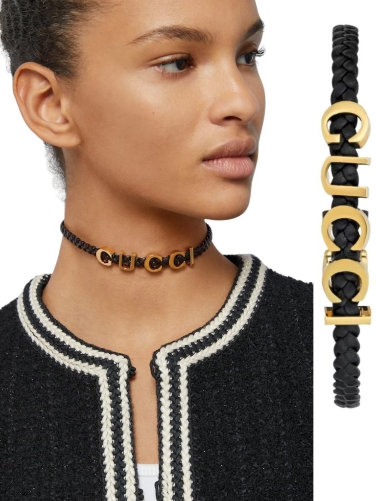 Gucci Necklace Choker Braided Black Leather Gold Tone Logo Script